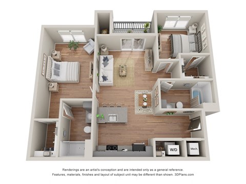 this is a 3d floor plan of a 752 square foot 1 bedroom apartment at the